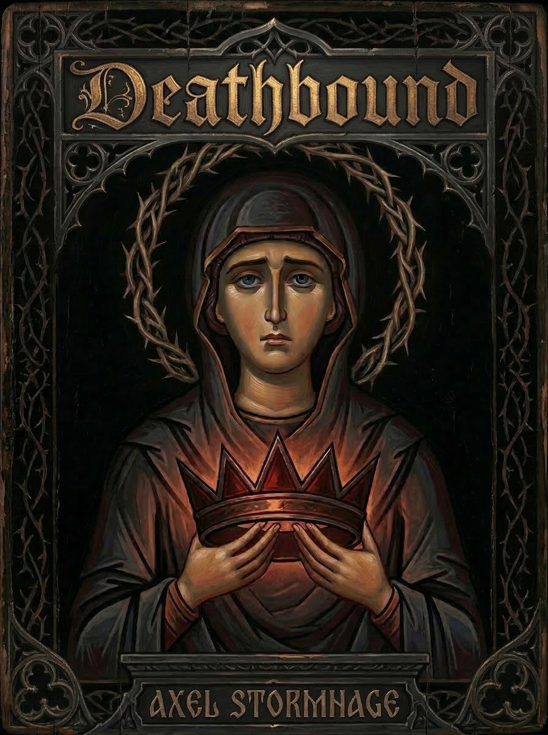 Deathbound cover — an icon-painted hooded woman holds a crown of thorns, framed in gothic tracery.